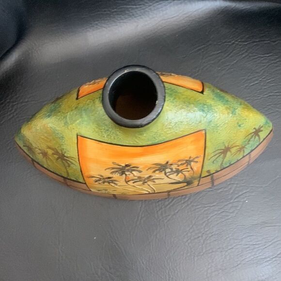 PalmTree Ceramic Vase Hand painted Gold Flaked Green Brown 13 X 8 1/2 Inch Tall - Picture 4 of 7